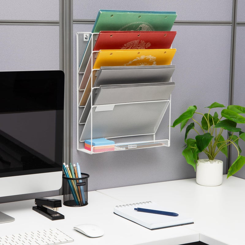 Mind Reader 5-Pocket Vertical File Storage, Desktop Organizer, Wall Mount, Office, Metal Mesh,White - Image 2